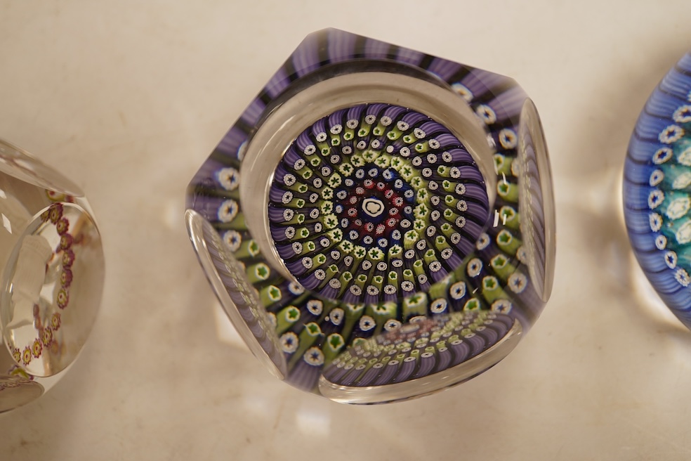 Three Whitefriars glass paperweights and a boxed St Louis sulphide paperweights, largest 7.5cm in diamter